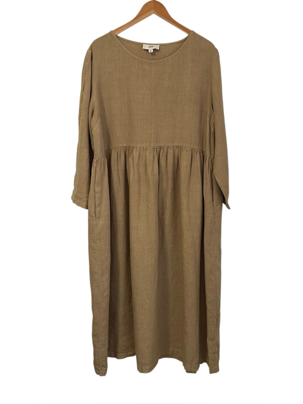 Sauths Womens Linen Short Sleeve Midi Dress Sz XL Tan Relaxed Boho Minimalist
